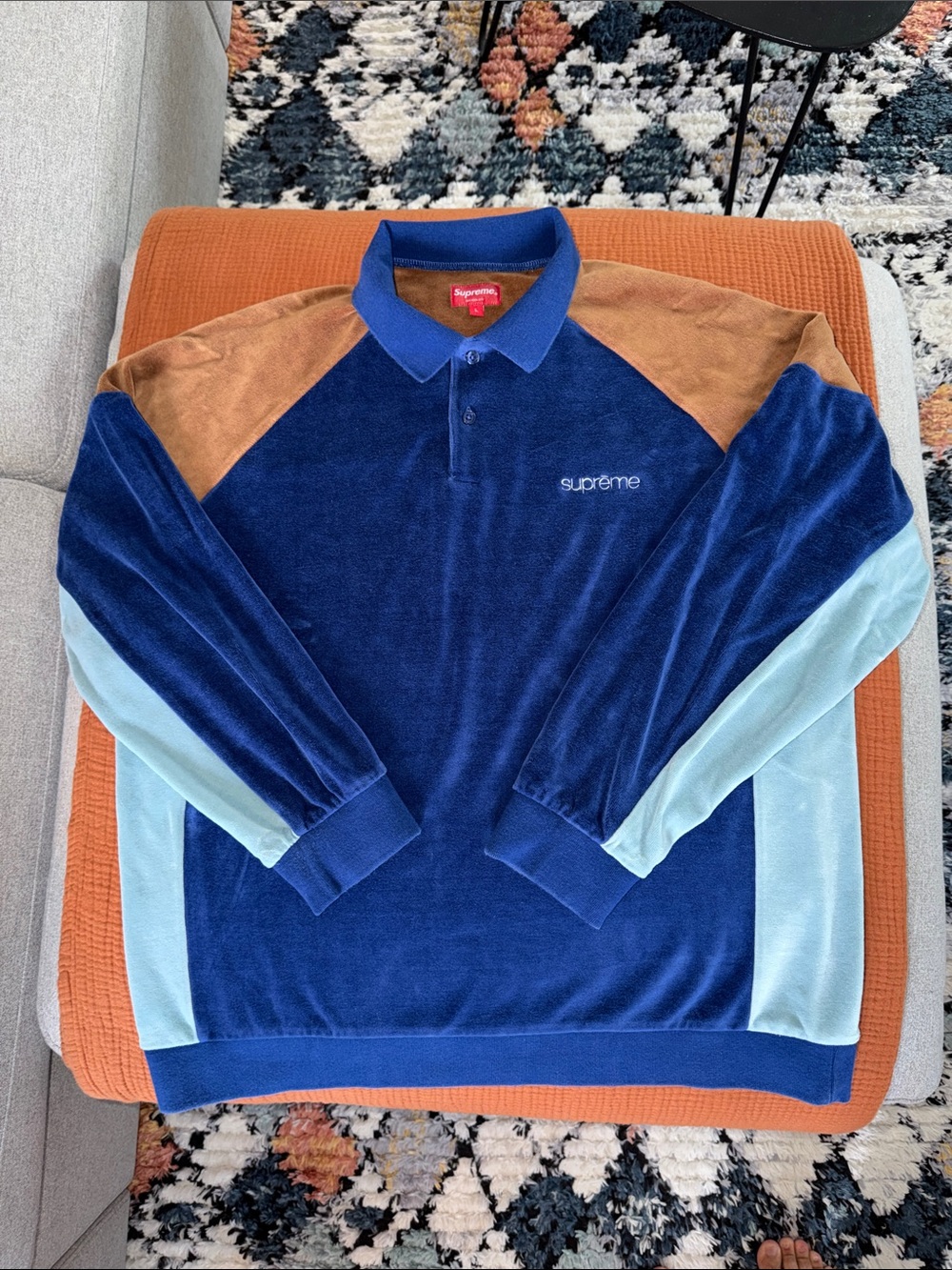 Supreme Velour Navy Blue Long Sleeve Polo with Tan and Light Blue Panels